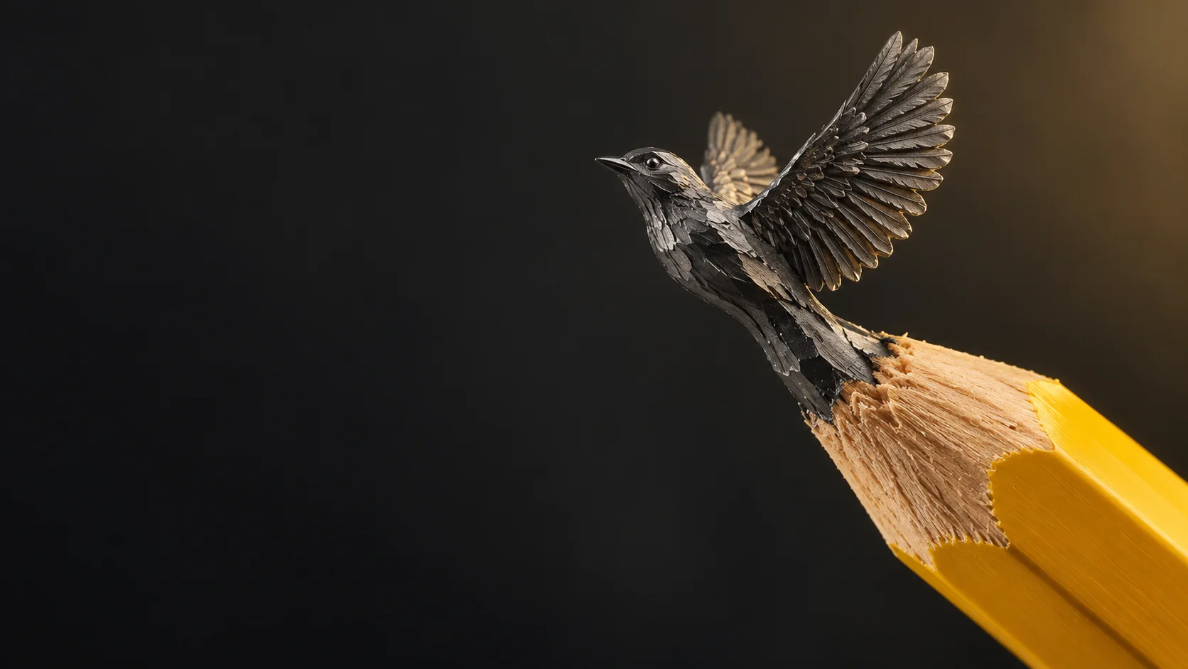 A bird taking flight, carved from the graphite of a yellow pencil.